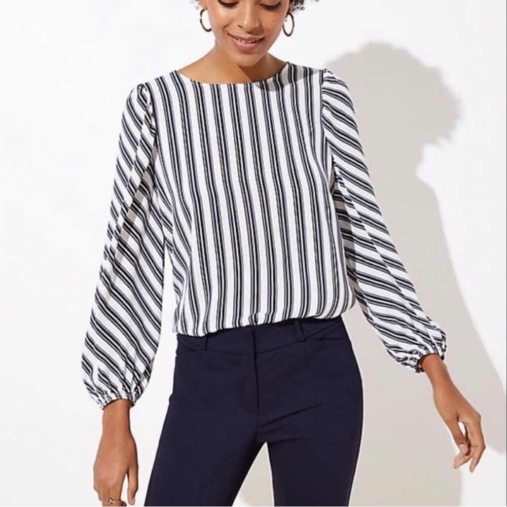 LOFT Petite Navy & White Striped Top